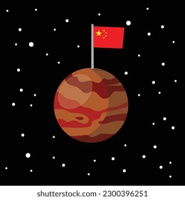 china flag on mars, abstract orange planet in black background, vector illustration 