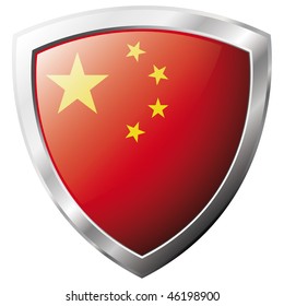 China flag on metal shiny shield vector illustration. Collection of flags on shield against white background. Abstract isolated object.