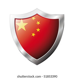 China flag on metal shiny shield vector illustration. Collection of flags on shield against white background. Abstract isolated object.