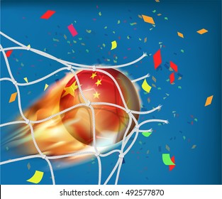 China flag on soccer ball goes through the net of goal and confetti in vector illustration, design for score in football with powerful shooting as a fire