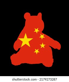 China flag over Panda bear vector silhouette illustration isolated on black background. Panda mascot national symbol. Bamboo eater from China. Cute animal, zoo attraction from Asia.