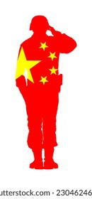 China flag over soldier vector silhouette illustration isolated on white background. Chinese saluting army soldier shape. Memorial Veterans day, Independence day. Military member on duty. Honor proud.