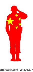 China Flagge über Soldaten Vektor Silhouette Illustration isoliert auf weißem Hintergrund. Chinesische salutierende Armee Soldaten Form. In: Memorial Veterans Day, Independence Day. Militärisches Mitglied im Dienst. Ehre stolz.