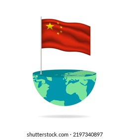 China flag pole on globe. Flag waving around the world. Easy editing and vector in groups. National flag vector illustration on white background.