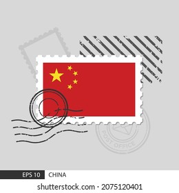 China flag postage stamp. Isolated vector illustration on grey post stamp background and specify is vector eps10.