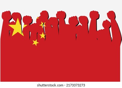 China flag with raised protest hands vector, country flag logo, China protesting concept, flat design, against idea