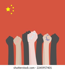 Bandera de China con el vector levantado de las manos de la protesta.