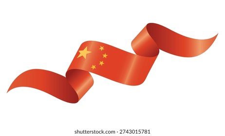 China Flag Ribbon Banner with Five Yellow Stars, Red Silk Wave Design Isolated on White Background, National Symbol of People’s Republic of China for Patriotic Celebration