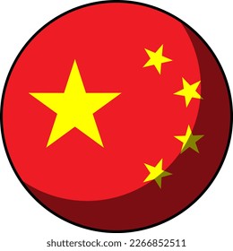 China Flag Round Circle Badge Button or Sticker Icon with Contour Outline and 3D Shadow Effect. Vector Image.