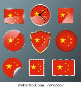 China flag set collection in badges, labels, watch, stamps,shields, buttons