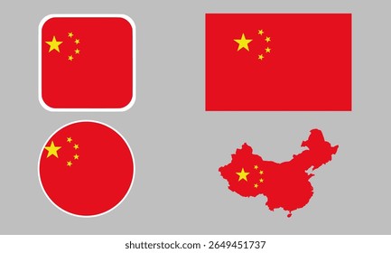 Conjunto de ícones da bandeira da China. Um conjunto de sinalizadores em formas quadradas, retangulares, de mapa e arredondadas. Ícone Sinalizador.