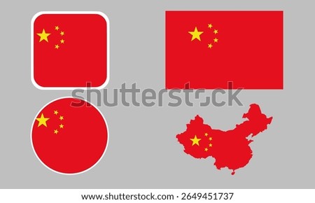 China flag set of icons. A set of flags in square, rectangular, map, and round shapes. Flag icon.