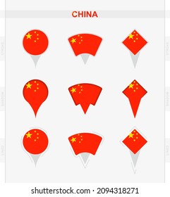 China flag, set of location pin icons of China flag. Vector illustration of national symbols.