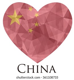China flag shape heart in geometric rumpled triangular low poly origami style graphic illustration,mosaic polygonal style.Symbol of love to country.Retro or vintage style background.