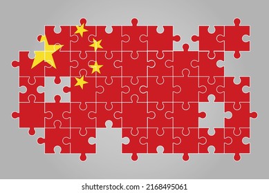 China flag shape of jigsaw puzzle vector, puzzle map, China flag for children and classroom, country logo asset, solve problem concept, flat design