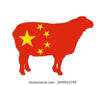 China flag sheep vector silhouette illustration isolated. Lamb meat butcher shop emblem. Craft food restaurant packaging. Domestic farm animal symbol. Organic food  producer national industry export.