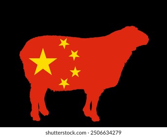 China flag sheep vector silhouette illustration isolated. Lamb meat butcher shop emblem. Craft food restaurant packaging. Domestic farm animal symbol. Organic food  producer national industry export.