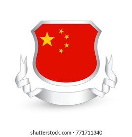 China flag in shield and ribbon. Vector illustration.