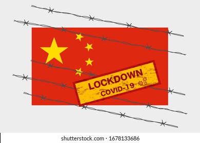 China flag with signboard lockdown warning security due to coronavirus crisis covid-19 diseas design with barb wired isolate vector