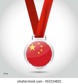 China Flag in Silver Medal. Vector Illustration. RIO Olympic Game silver Medal. Vector Illustration