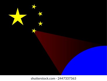 China-Flagge spioniert die Erde. Präzise China-Flagge. 5 Sterne angezeigt. 1 Stern Spionage die blaue Erde mit rotem Scan. Schwarzer Hintergrund, der den dunklen schwarzen Bereich darstellt. Vektorgrafik-Grafiken.