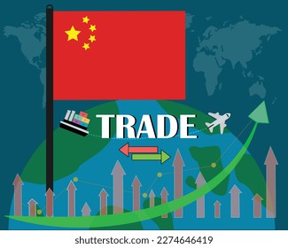 China flag standing with their world wise trade concept vector design. isolated on dark blue background.