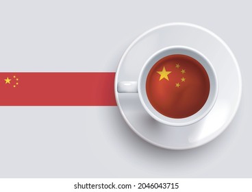 China flag with a tasty coffee cup on top view and a gradient background. Hot beverage with China flag, vector illustration.