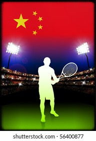 China Flag and Tennis Player on Stadium Background Original Illustration