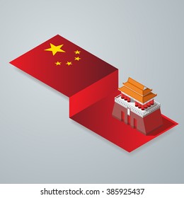 China Flag and Tiananmen Square, Gate of Heavenly Peace Flat 3D isometric building block info graphic concept. Build your own info graphics world collection.