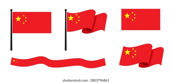 China flag vector collection. Chinese national flags set with waving flag, rectangle icon, ribbon and flagpoles with flag isolated on white background. Flat vector illustration.