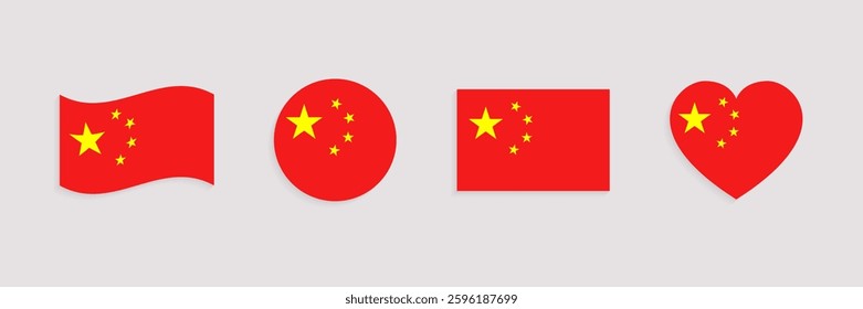 China flag vector set. Chinese official symbols collection. Web, national, travel, patriotic design elements. Geometric shapes. rectangle, round, love heart and waved flagstaff isolated icons