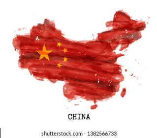 China flag watercolor painting design . Country map shape . Sports team and national day concept ( 1 October 1949 ) . Vector .