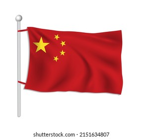 Bandera de China ondea en un asta de bandera, vector de fondo blanco