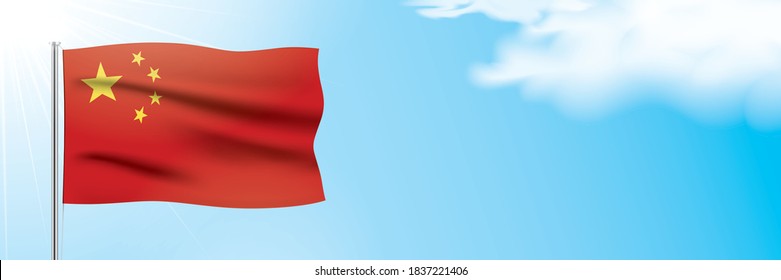 Die chinesische Flagge winkt auf blauem Himmelshintergrund. Patriotisches Vektorbanner-Design, mit der Nationalflagge der Volksrepublik China, hängt auf sonnigem Himmelshintergrund mit weißen Wolken. Flaggenbanner der VR China.