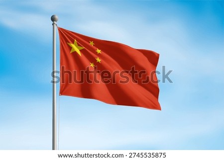 China flag waving on pole against clear sky background.