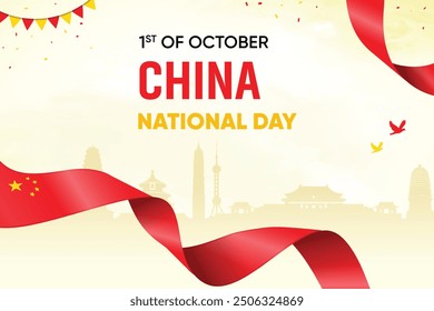 China Flag Waving On Skyline Background. National Day Concept Design Vector Illustration.