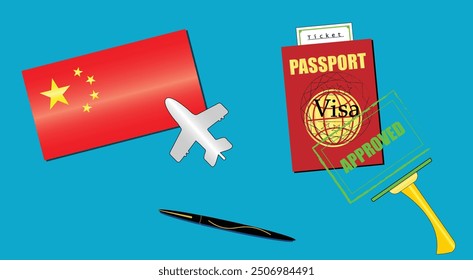 China flag with white plane icon. Passport with visa approved stamp. Black stylish Pen. Chinese Travel poster. Editable vector EPS available