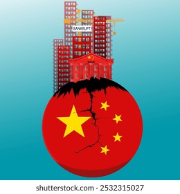 China flags ball collapses China's Banking System crisis developed from property sector bankrupt, financial crisis, Real Estate slump, stock market decline in China Asia	