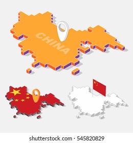 China flags on map element and 3D isometric shape isolated on background, vector illustration