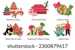 China flat composition set with chinese landmarks and culture symbols isolated vector illustration