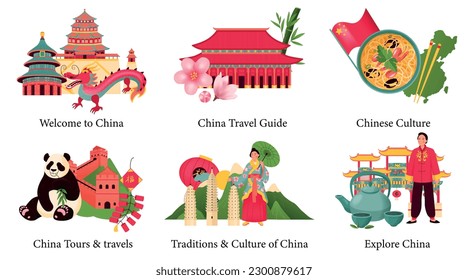 China flat composition set with chinese landmarks and culture symbols isolated vector illustration