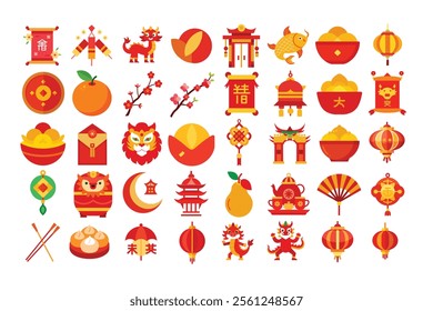 China Flat Icons Design celebrate Concept ,Chinese New Year icons, Chinese lunar new year flat color icon set with China related icons, Chinese new year icon set, vector, Set of Lunar year