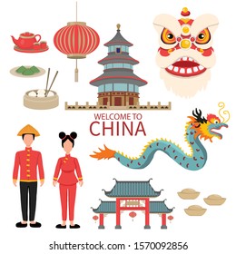 China Flat Icons Design Travel Concept . example Lion  and Dragon Dance , lantern, temple landmark , traditional foods. Vector illustration 