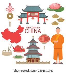 China Flat Icons Design Travel Concept . example Lion  and Dragon Dance , lantern, temple landmark , traditional foods. Vector illustration 