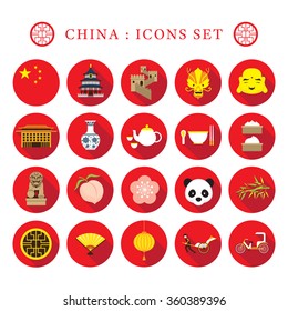 China Flat Icons Set, Travel Attraction, Food, Accommodation, Transportation, Nature and Animal