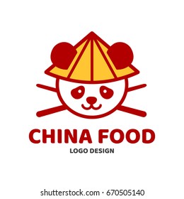 China food panda and chopsticks in hat logo template design. Vector modern line outline flat style cartoon character illustration icon. Isolated on white background. logo for asian street food cafe