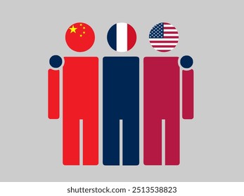 China, France, and USA National Flags With Embracing Body. Vector Illustration. Isolated background.