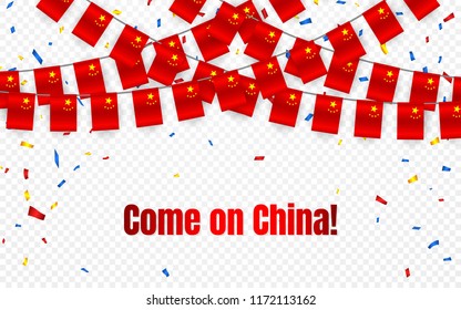 China garland flag with confetti on transparent background, Hang bunting for celebration template banner, Vector illustration.