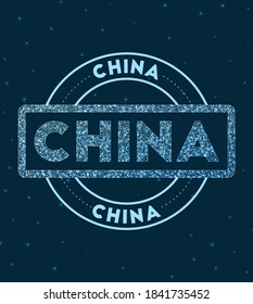 China. Glowing round badge. Network style geometric China stamp in space. Vector illustration.
