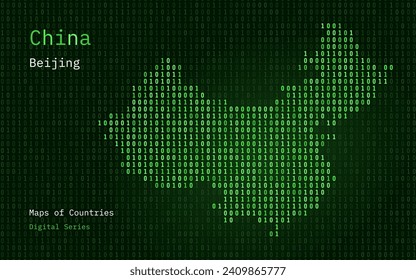 China Gold Map Shown in Binary Code Pattern. TSMC. Green Matrix numbers, zero, one. World Countries Vector Maps. Digital Series